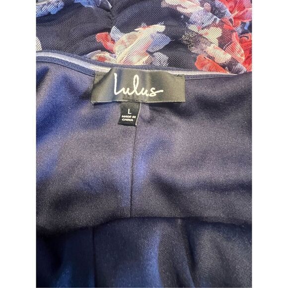 Lulus large Ruche Hour Navy Blue Floral Print Ruched Off-the-Shoulder Dress - Picture 7 of 8